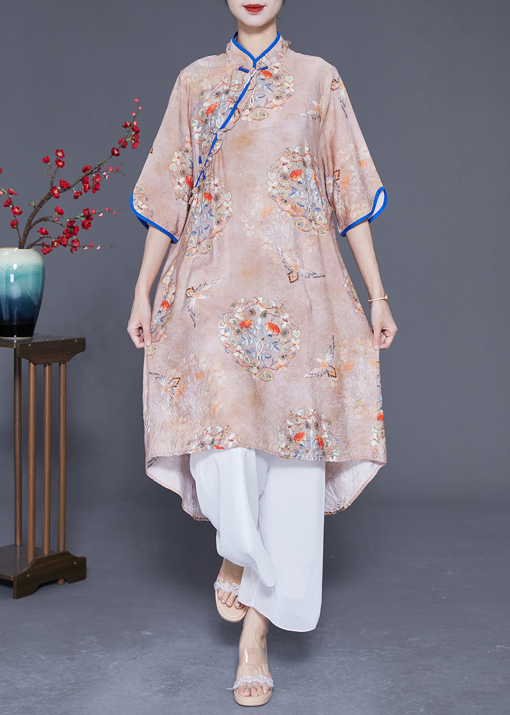 Chinese Style Khaki Ruffled Print Low High Design Cotton Dress Summer LY2348 - fabuloryshop