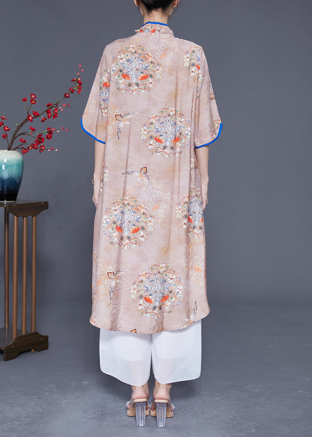 Chinese Style Khaki Ruffled Print Low High Design Cotton Dress Summer LY2348 - fabuloryshop