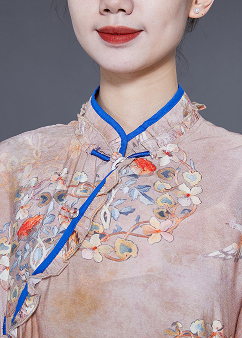 Chinese Style Khaki Ruffled Print Low High Design Cotton Dress Summer LY2348 - fabuloryshop