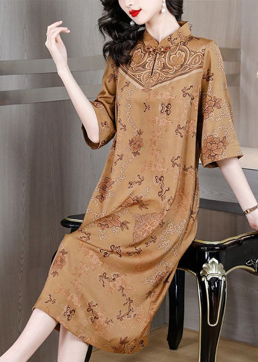 Chinese Style Khaki Stand Collar Chinese Button Print Silk Dresses Half Sleeve LY3709 - fabuloryshop