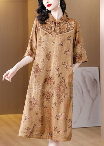 Chinese Style Khaki Stand Collar Chinese Button Print Silk Dresses Half Sleeve LY3709 - fabuloryshop