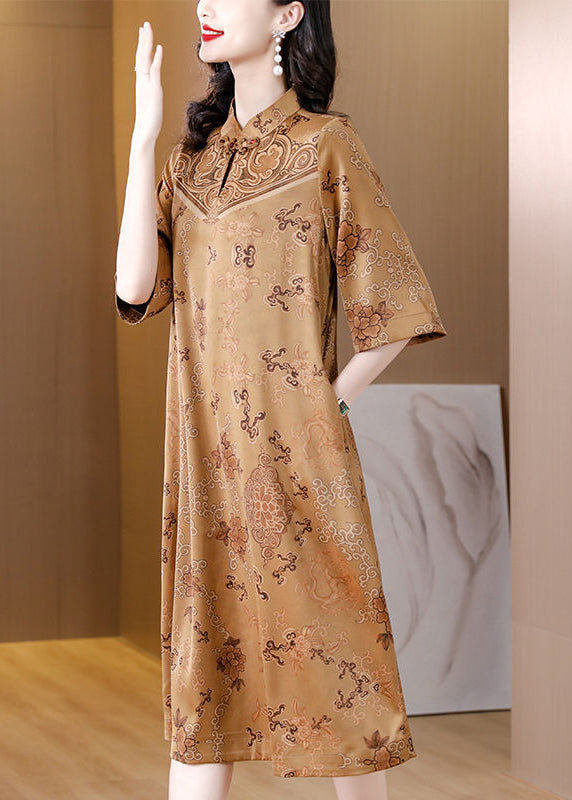 Chinese Style Khaki Stand Collar Chinese Button Print Silk Dresses Half Sleeve LY3709 - fabuloryshop