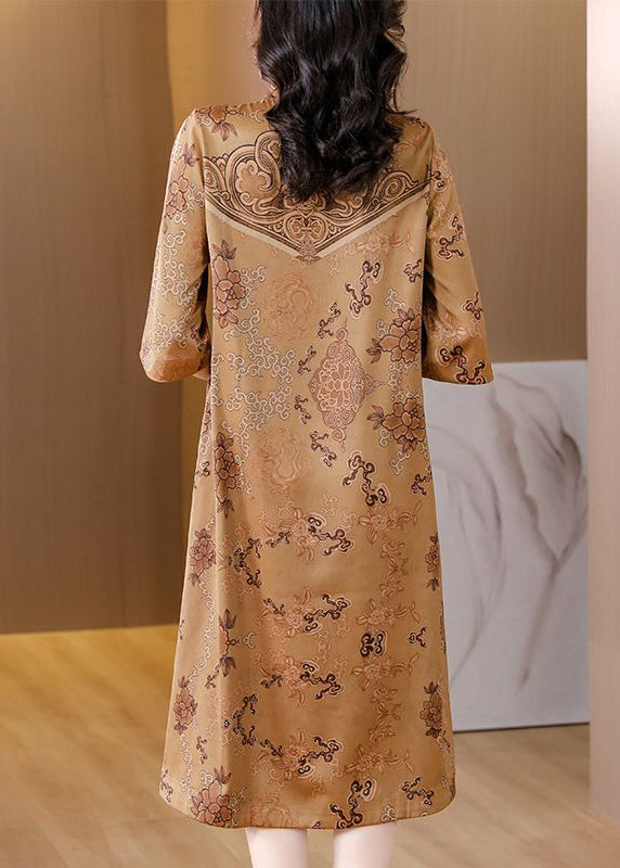 Chinese Style Khaki Stand Collar Chinese Button Print Silk Dresses Half Sleeve LY3709 - fabuloryshop