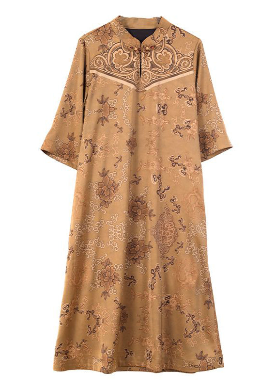 Chinese Style Khaki Stand Collar Chinese Button Print Silk Dresses Half Sleeve LY3709 - fabuloryshop