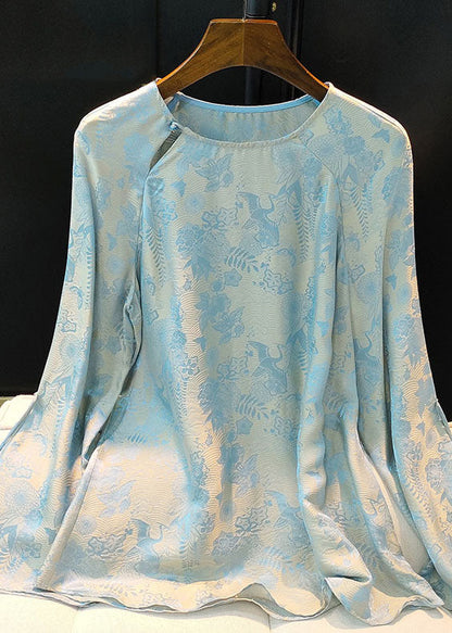 Chinese Style Light Blue O Neck Jacquard Silk Top Spring - fabuloryshop