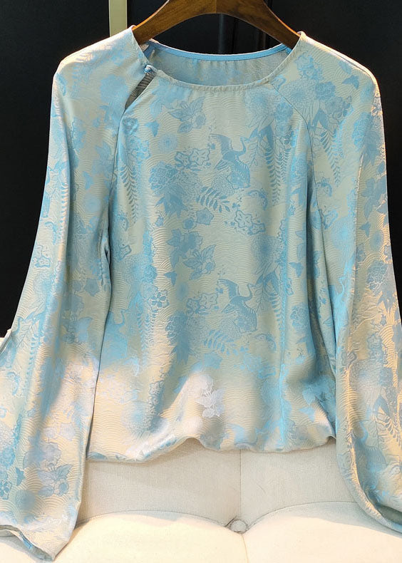 Chinese Style Light Blue O Neck Jacquard Silk Top Spring - fabuloryshop