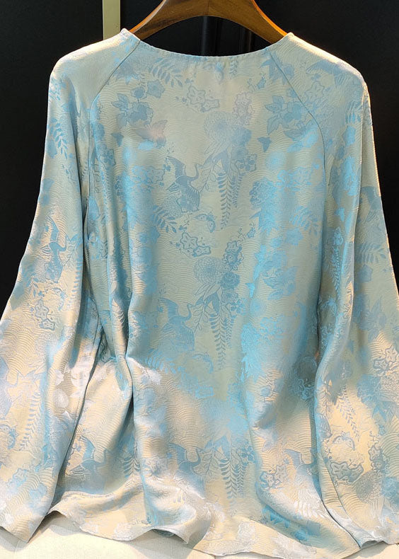 Chinese Style Light Blue O Neck Jacquard Silk Top Spring - fabuloryshop