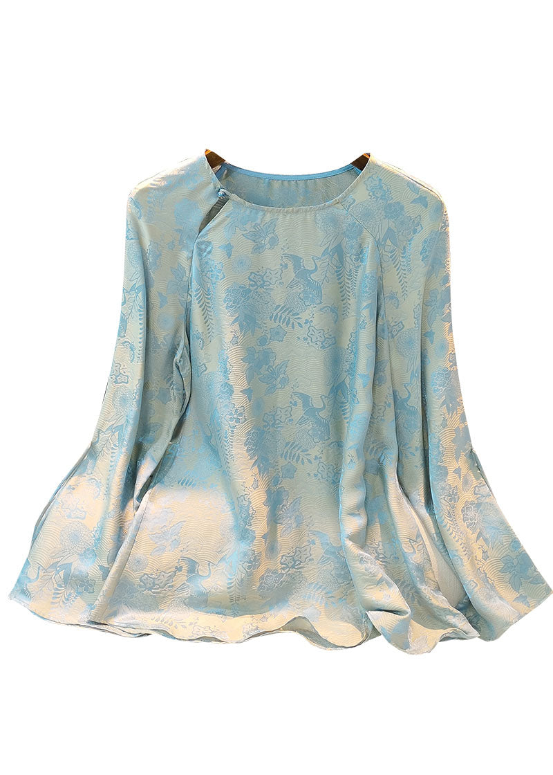 Chinese Style Light Blue O Neck Jacquard Silk Top Spring - fabuloryshop