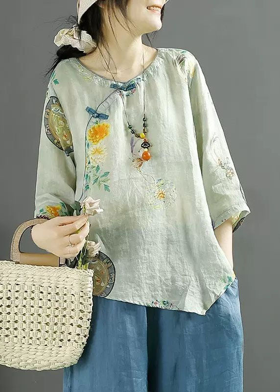 Chinese Style Light Blue Print Asymmetrical Patchwork Linen Tops Summer LY4115 - fabuloryshop