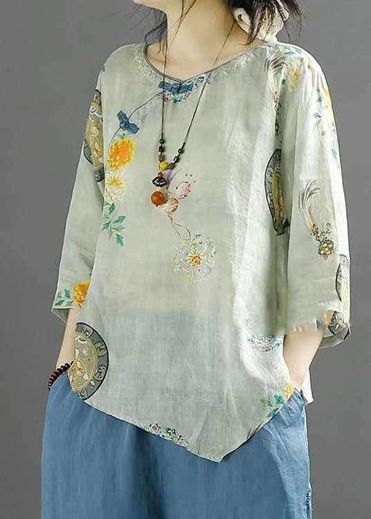 Chinese Style Light Blue Print Asymmetrical Patchwork Linen Tops Summer LY4115 - fabuloryshop