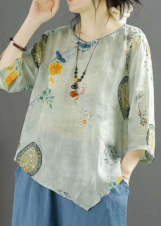 Chinese Style Light Blue Print Asymmetrical Patchwork Linen Tops Summer LY4115 - fabuloryshop