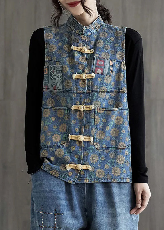 Chinese Style Light Blue Print Button Denim Coats Sleeveless Ada Fashion