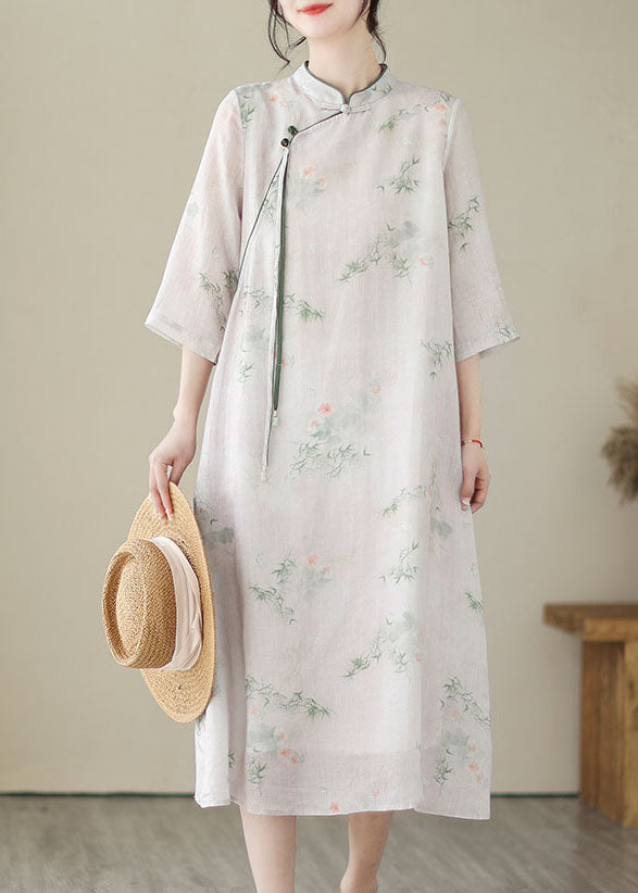 Chinese Style Light Pink Tasseled Print Patchwork Linen Dresses Summer LY5292 - fabuloryshop