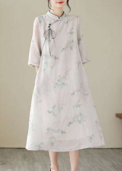 Chinese Style Light Pink Tasseled Print Patchwork Linen Dresses Summer LY5292 - fabuloryshop