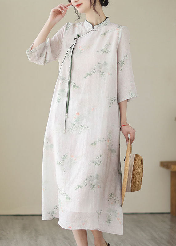 Chinese Style Light Pink Tasseled Print Patchwork Linen Dresses Summer LY5292 - fabuloryshop