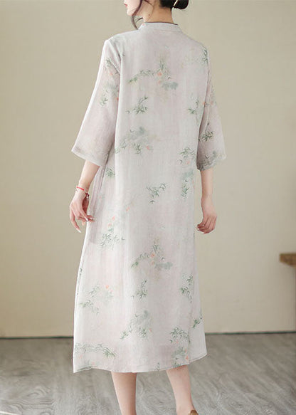 Chinese Style Light Pink Tasseled Print Patchwork Linen Dresses Summer LY5292 - fabuloryshop