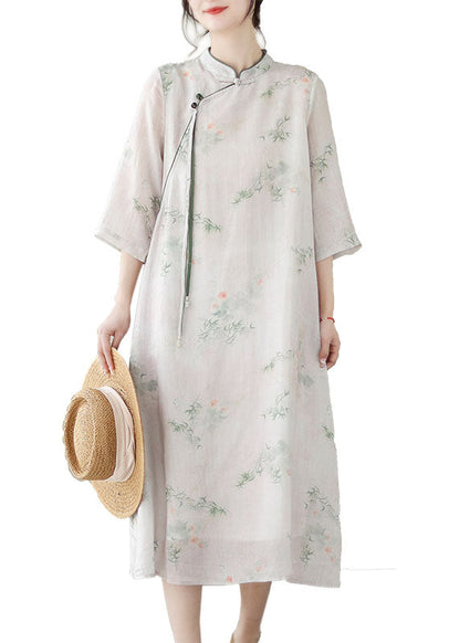 Chinese Style Light Pink Tasseled Print Patchwork Linen Dresses Summer LY5292 - fabuloryshop