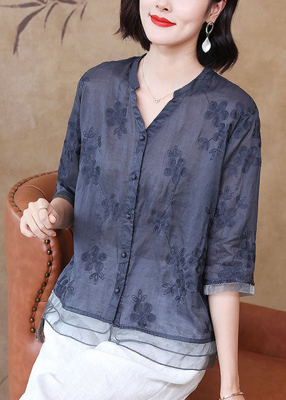 Chinese Style Navy Embroideried Patchwork Linen Shirts Bracelet Sleeve Ada Fashion