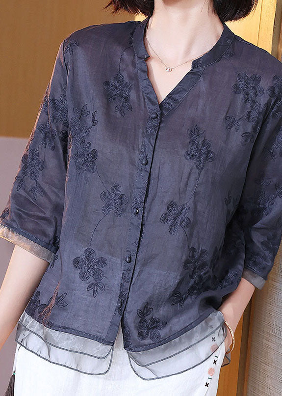 Chinese Style Navy Embroideried Patchwork Linen Shirts Bracelet Sleeve Ada Fashion