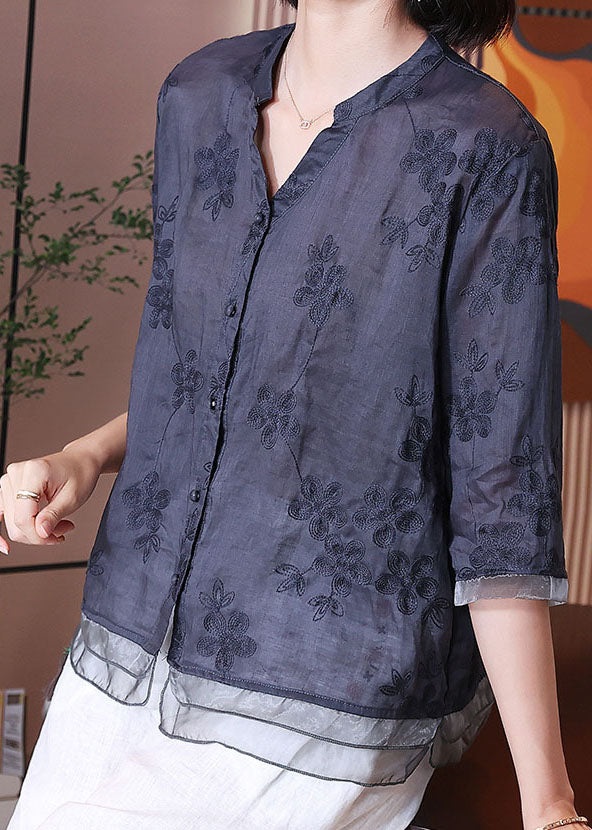 Chinese Style Navy Embroideried Patchwork Linen Shirts Bracelet Sleeve Ada Fashion