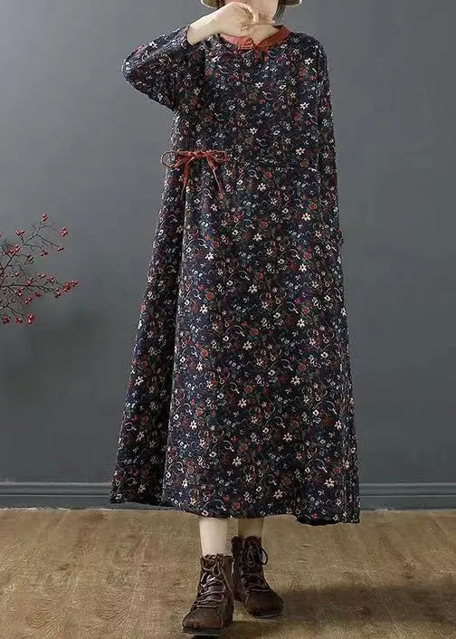 Chinese Style Navy Stand Collar Print Cotton Long Dress Fall Ada Fashion