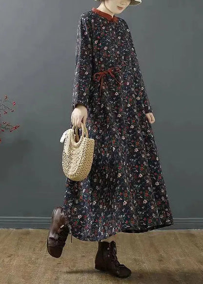 Chinese Style Navy Stand Collar Print Cotton Long Dress Fall Ada Fashion