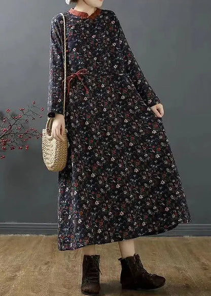 Chinese Style Navy Stand Collar Print Cotton Long Dress Fall Ada Fashion