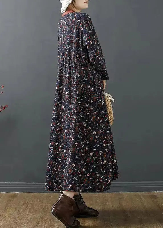 Chinese Style Navy Stand Collar Print Cotton Long Dress Fall Ada Fashion