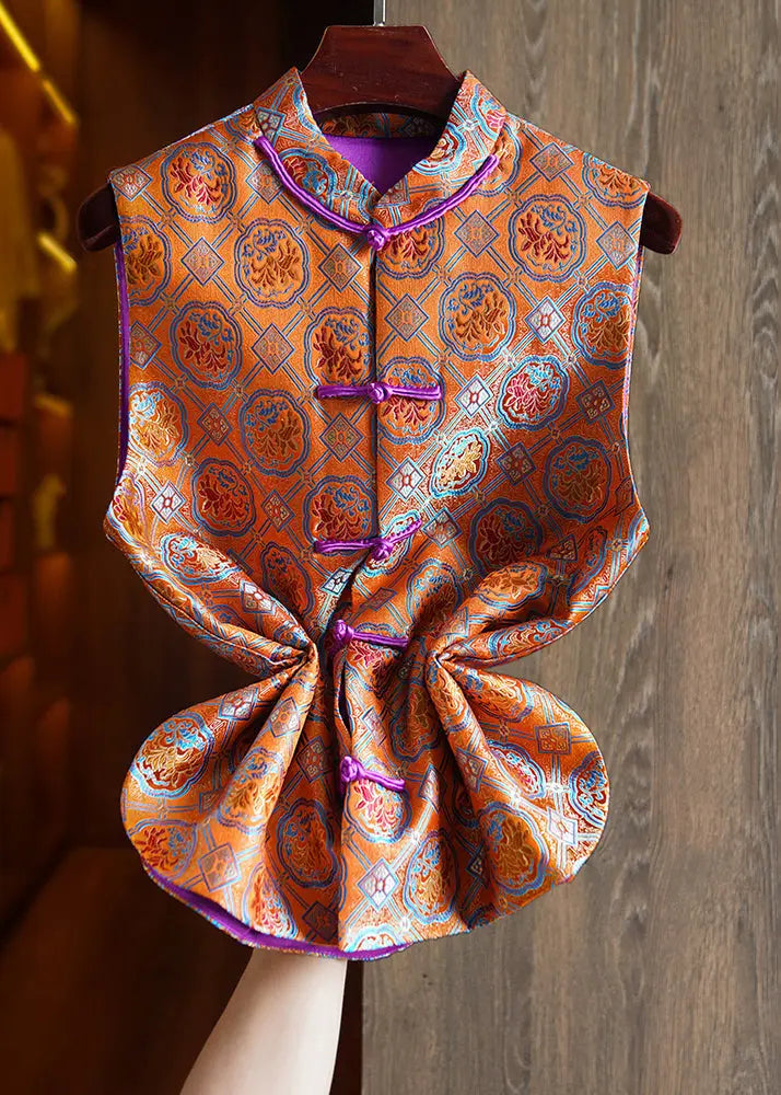 Chinese Style Orange Embroidered Button Patchwork Silk Waistcoat Fall Ada Fashion