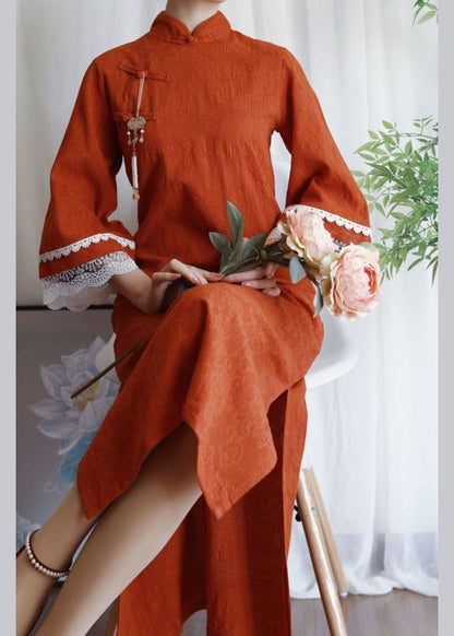 Chinese Style Orange Jacquard Patchwork Lace Side Open Cotton Dress Summer LC0476 - fabuloryshop