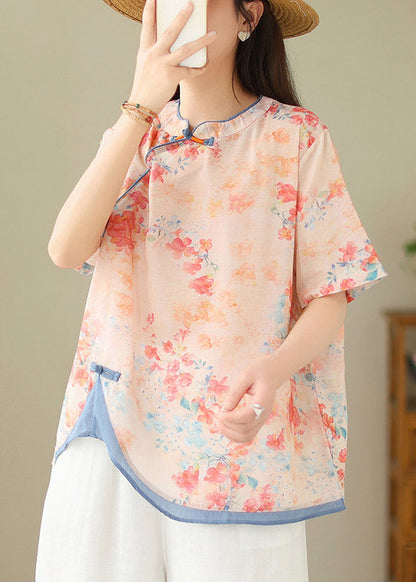 Chinese Style Orange Stand Collar Print Button Linen Shirts Short Sleeve LY2979 - fabuloryshop