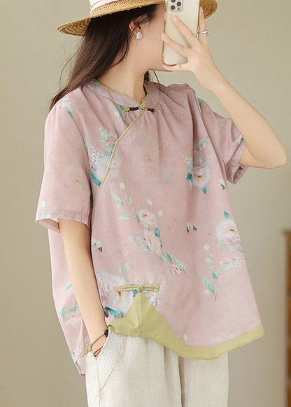 Chinese Style Orange Stand Collar Print Button Linen Shirts Short Sleeve LY2979 - fabuloryshop