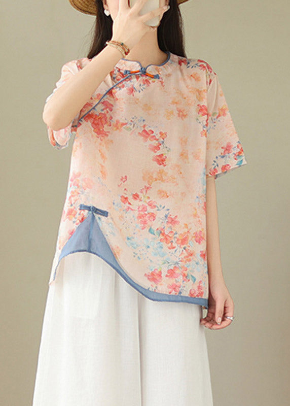 Chinese Style Orange Stand Collar Print Button Linen Shirts Short Sleeve LY2979 - fabuloryshop