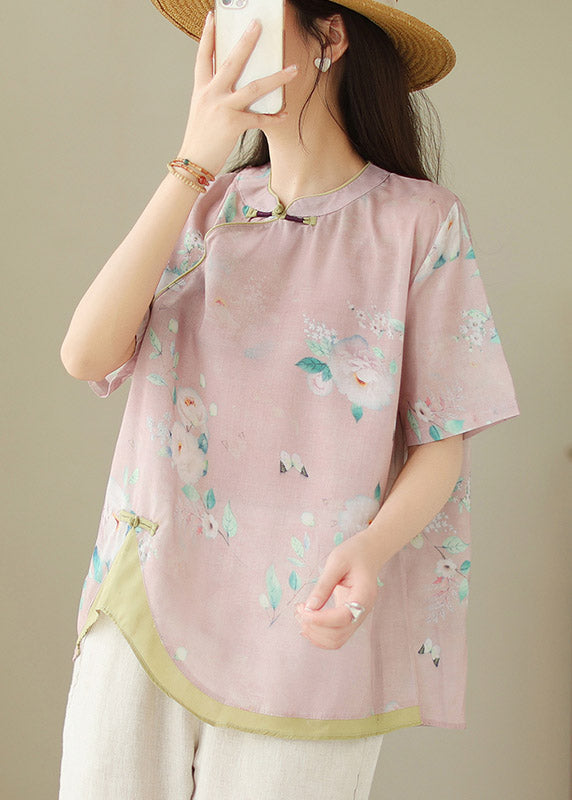 Chinese Style Orange Stand Collar Print Button Linen Shirts Short Sleeve LY2979 - fabuloryshop