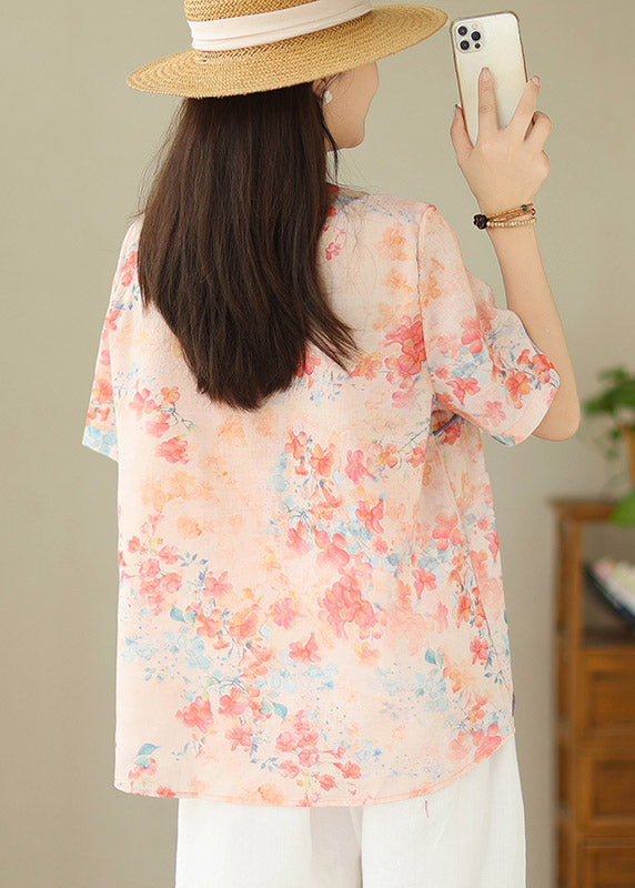 Chinese Style Orange Stand Collar Print Button Linen Shirts Short Sleeve LY2979 - fabuloryshop