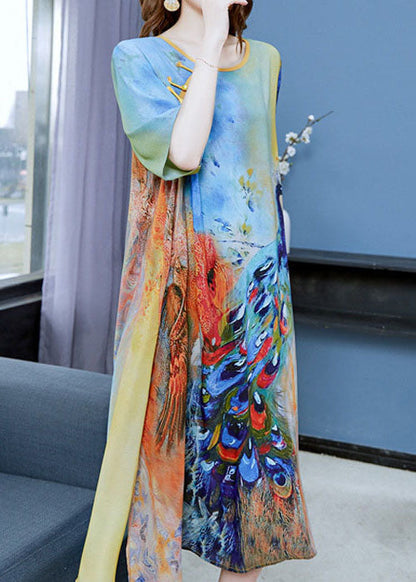 Chinese Style Peacock Blue O Neck Patchwork Chiffon Dress Summer LY6515 - fabuloryshop