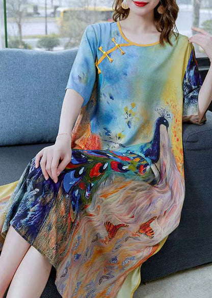 Chinese Style Peacock Blue O Neck Patchwork Chiffon Dress Summer LY6515 - fabuloryshop