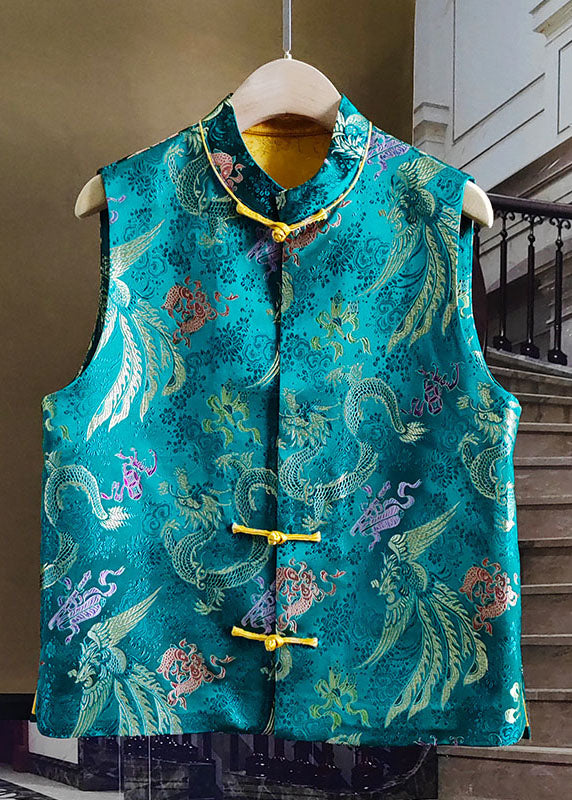 Chinese Style Peacock Blue Stand Collar Patchwork Jacquard Silk Vest Sleeveless LY1010 - fabuloryshop