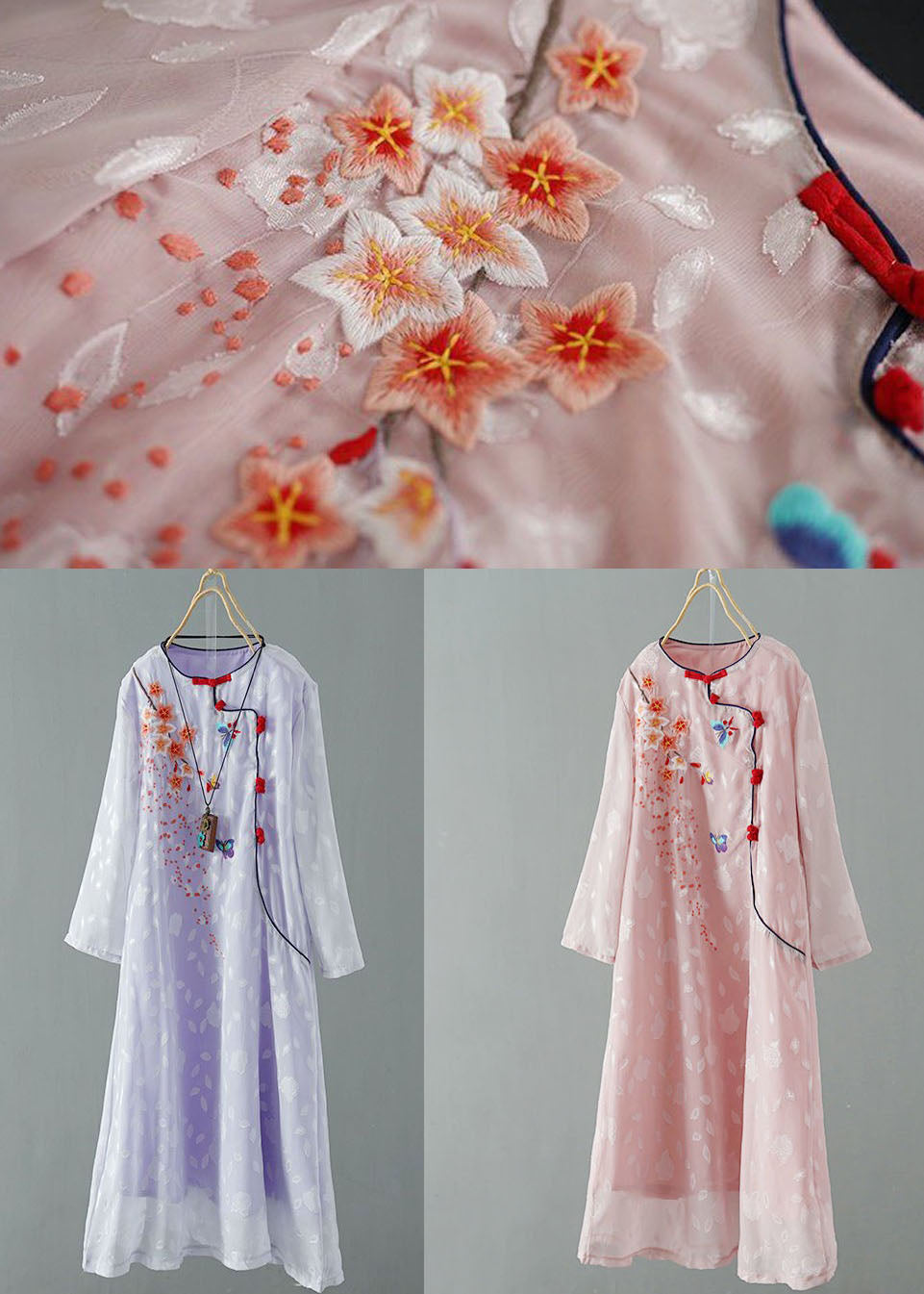 Chinese Style Pink Embroideried Patchwork Chiffon Dress Spring LY1725 - fabuloryshop