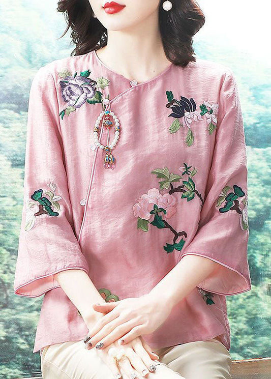 Chinese Style Pink Embroideried Patchwork Chiffon Tops Spring TP1052 - fabuloryshop