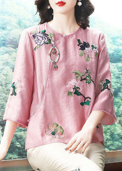 Chinese Style Pink Embroideried Patchwork Chiffon Tops Spring TP1052 - fabuloryshop