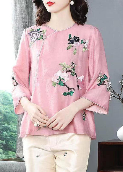 Chinese Style Pink Embroideried Patchwork Chiffon Tops Spring TP1052 - fabuloryshop