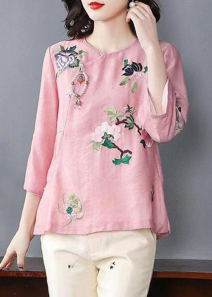 Chinese Style Pink Embroideried Patchwork Chiffon Tops Spring TP1052 - fabuloryshop