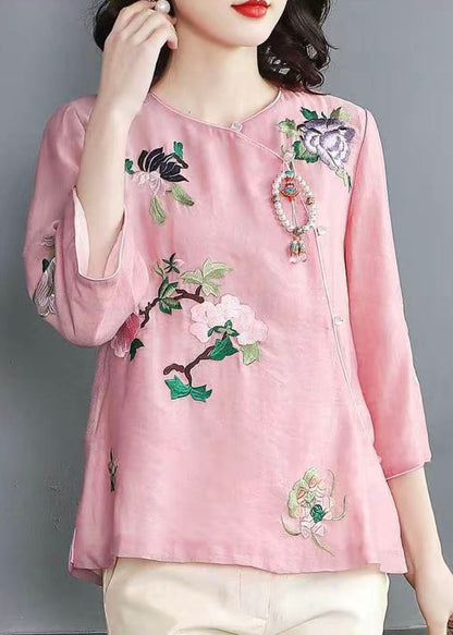 Chinese Style Pink Embroideried Patchwork Chiffon Tops Spring TP1052 - fabuloryshop