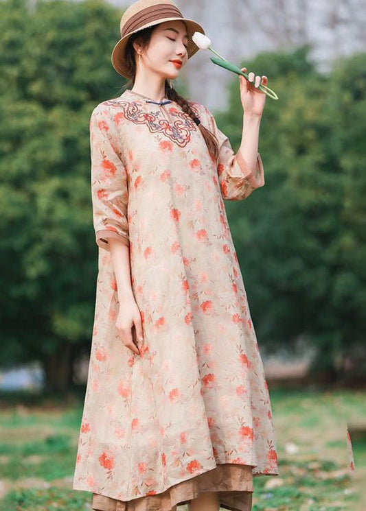 Chinese Style Pink Embroideried Patchwork Linen Long Dress Summer LY2563 - fabuloryshop