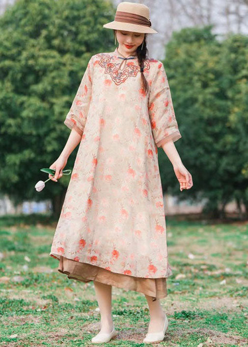 Chinese Style Pink Embroideried Patchwork Linen Long Dress Summer LY2563 - fabuloryshop