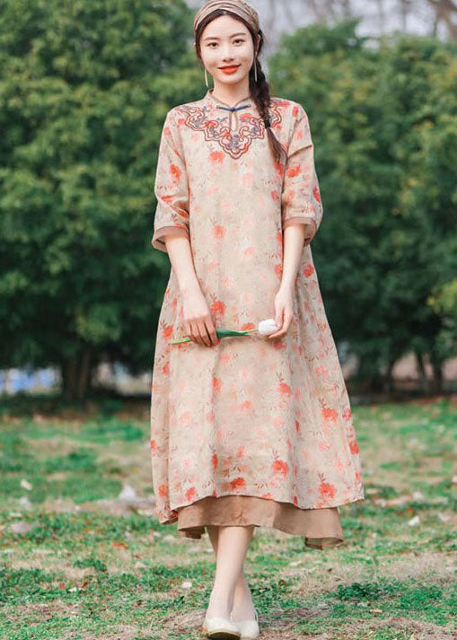 Chinese Style Pink Embroideried Patchwork Linen Long Dress Summer LY2563 - fabuloryshop