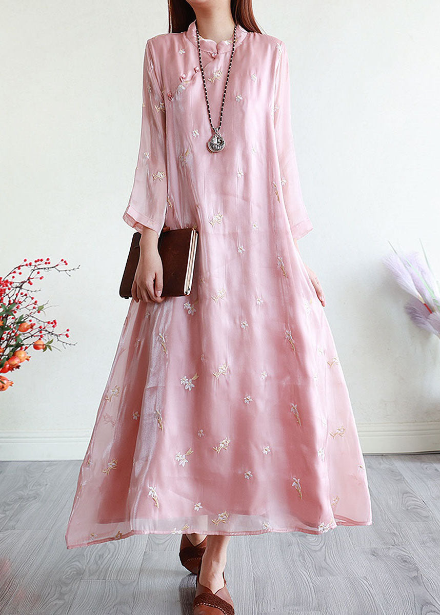 Chinese Style Pink Embroideried Patchwork Silk Dresses Summer LY2629