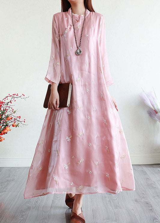 Chinese Style Pink Embroideried Patchwork Silk Dresses Summer LY2629 - fabuloryshop