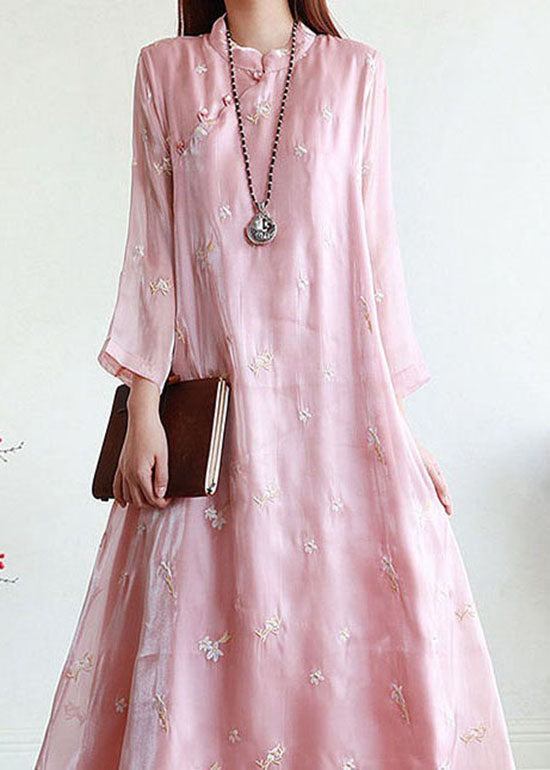 Chinese Style Pink Embroideried Patchwork Silk Dresses Summer LY2629